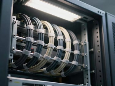 Tight detail shot of a structured cable run inside an open server cabinet, cables neatly bundled with velcro ties, overhead fluorescent and ambient daylight mixing, no people, clean industrial composition