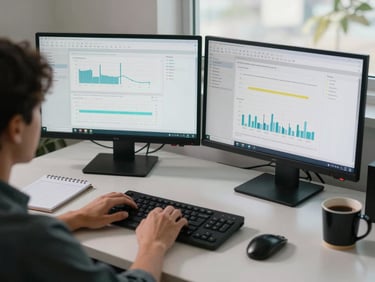 Quiet overhead shot of an engineer's desk, dual monitors displaying network monitoring dashboards with clean graphs, a coffee mug and a notepad to the side, soft north-facing daylight, no face visible, calm working atmosphere