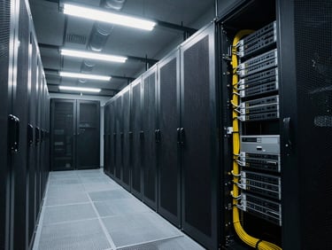 Wide shot of a quiet server room lit by overhead fluorescent panels, cable runs neatly bundled along the right rack column, no personnel present, cool industrial light