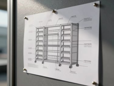 Close-up overhead shot of a printed infrastructure architecture schematic pinned to a wall, pencil annotations marking rack units and VLAN boundaries, natural daylight from the left, steel-gray surroundings, no people visible