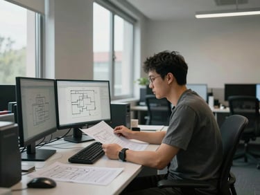 Wide shot of a quiet office interior during working hours, an engineer seated at a desk reviewing printed network schematics spread across a large monitor, north-facing window light, no dramatic shadows, empty chairs in the background, calm and focused atmosphere