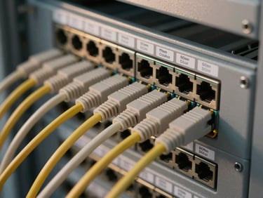 Tight detail shot of patch panel ports and labeled ethernet cables in a rack, overhead warm-cool natural light, shallow depth of field on the cable labels
