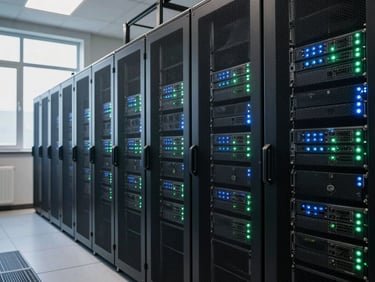 Wide environmental shot of a data center row, server rack indicator lights glowing softly in muted blue and green, daylight entering from a high clerestory window to the left, no people, quiet and ordered