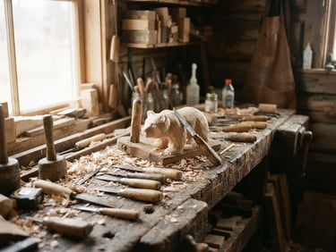A quiet environmental shot of a rustic woodcarving bench in Troy, Idaho, soft natural window light highlighting wood shavings and hand tools, earthy muted tones, 35mm