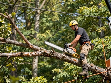 Professional arborist in safety gear operating a chainsaw to secure a massive oak limb on a crane line, bright daylight, sharp focus.