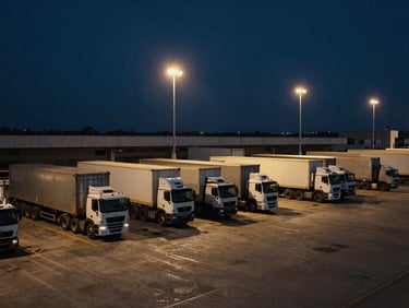 Wide-angle cinematic shot of a cargo terminal at dusk, heavy transport vehicles staging under high-contrast industrial floodlights, deep steel tones.