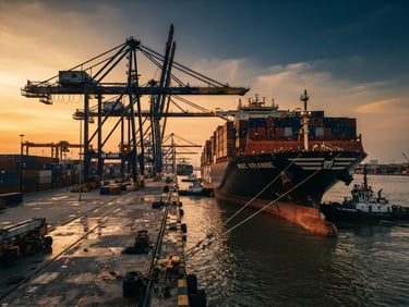 Cinematic industrial photography of a massive container ship docking at Tanjung Priok port during golden hour, deep navy and steel tones, wide-angle lens, 35mm film look.