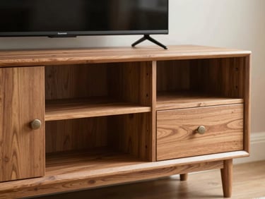 Close-up medium shot of a custom-built wooden TV unit with integrated shelving, warm natural side light revealing wood grain and matte laminate texture, hardware detail sharp, no people, photographed in a completed living room