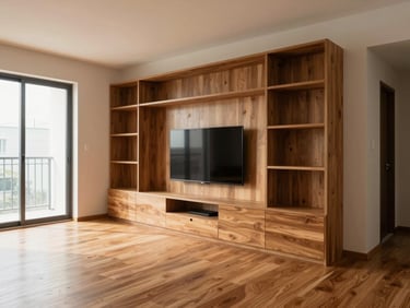 Wide shot of a completed apartment living room interior, modular wall unit with TV panel and open shelving, warm mid-morning daylight from side window, wood-finish laminate, no people, true-color photograph showing ceiling-to-floor proportion