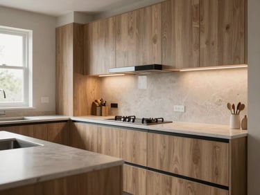 Medium shot of a completed modular kitchen, handleless cabinets, stone countertop, under-cabinet lighting off, soft diffused natural light from adjacent window showing laminate finish and hardware detail, no people, storage logic clearly visible