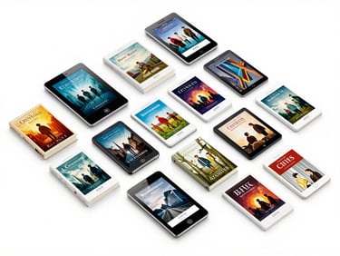 Abstract representation of a universal EPUB file being accessed across multiple generic digital interfaces, emphasizing compatibility, on a pure white background, crisp studio light.