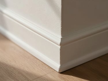 Close-up overhead shot of a spotless baseboard corner in a residential living room, bright natural daylight, freshly wiped surface, no dust or debris visible