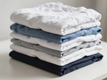 Neatly folded stack of clean laundry on a white surface, crisp and orderly, bright natural light from the left, close-up framing showing fabric texture