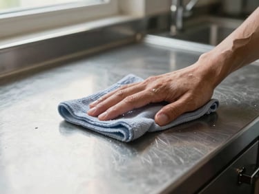 Close-up of hands wiping a stainless steel kitchen countertop with a microfiber cloth, natural daylight from a nearby window, surface reflecting clean light — direct, no staging
