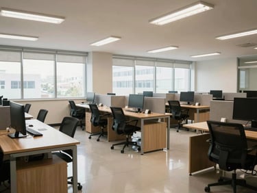 Wide shot of a freshly cleaned commercial office space — rows of desks cleared, floors polished, windows streak-free — bright overhead fluorescent and natural light, sharp and direct