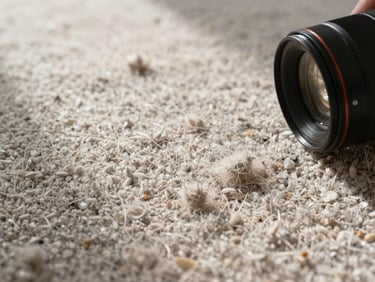 Close-up of carpet fibers after professional cleaning, clean and upright, bright overhead light showing restored texture, no stains visible, direct documentary framing