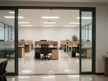 Wide shot of a clean commercial office space, polished floor reflecting overhead lighting, desks cleared and surfaces wiped, shot from doorway looking in, bright and direct