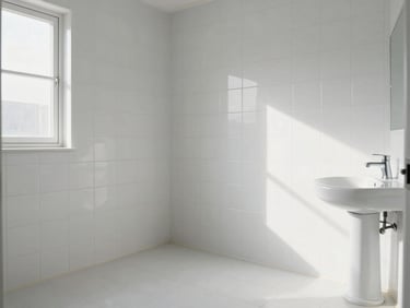 Direct shot of an empty, freshly cleaned bathroom in a vacant property, tile grout bright white, fixtures polished, natural daylight from a side window, no personal items present