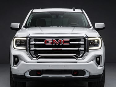 Studio-quality hero shot of a brand-new GMC Sierra 1500 Denali in white frost, shot head-on against a clean dark background, badge detail visible, dramatic product lighting