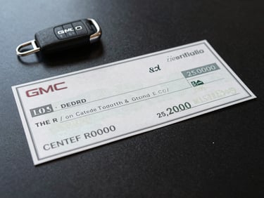 Close-up of a certified check for $25,000,000 resting on a polished matte black surface beside a GMC key fob, daylight from the left, crisp and tangible