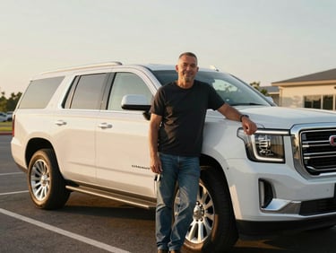 Golden hour portrait of a genuine winner standing beside a brand-new white GMC Yukon SUV in an open parking lot, keys visible in hand, natural unposed expression, warm daylight from the left, wide framing with the vehicle occupying the right two-thirds