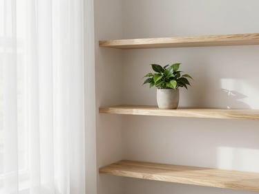 Bright airy living room corner with minimalist wooden shelves, green plant, soft natural daylight