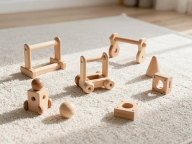 Minimalist children wooden toys arranged on a soft neutral rug, warm natural daylight