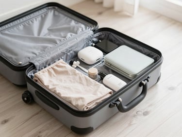 An open neatly packed suitcase on a light wooden floor, travel accessories organized, soft natural light