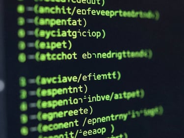 Extreme close-up of code blocks running in a terminal environment, neon green variables, sharp monospace font, dark ambient background with screen glow.