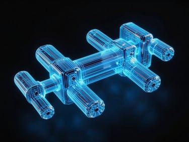 Abstract 3D wireframe of a rendering pipeline glowing with neon blue accents against a black background.