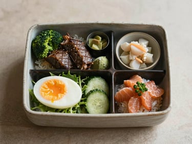 Overhead flat-lay of a beautifully styled Japanese bento box on textured ceramic, soft natural overcast daylight, muted earth tones