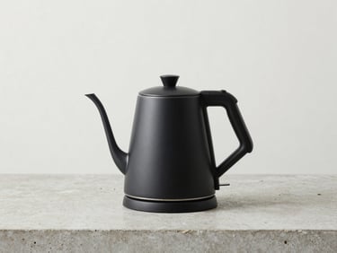 Minimalist matte black electric kettle shot in isolation on a concrete counter, bright diffused daylight, sharp focus, 50mm lens