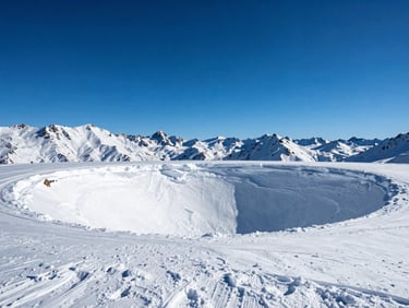 High-contrast wide shot of La Hoya natural mountain bowl, deep blue sky, crisp alpine light, 35mm
