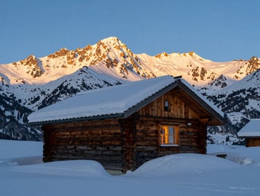A rustic wooden alpine refuge cabin half-buried in deep snow, dramatic golden hour alpine glow on the peaks behind, warm light from the window, 35mm