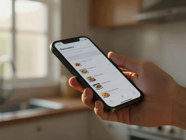 Close-up of a hand scrolling a phone screen showing food listings, warm golden-hour light from a HDB window catching the side of the hand, shallow depth of field, home kitchen visible softly behind