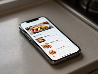 Close overhead shot of a smartphone screen showing a neighborhood food listing, resting on a home kitchen counter under warm window light, shallow depth of field, no visible text on screen