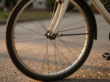 Close-up of bicycle wheels and pedals on an HDB estate footpath, warm golden-hour light catching the spokes, shallow depth of field, documentary