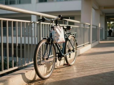 A bicycle leaning against a HDB corridor railing, a insulated food bag hanging from the handlebars, late-afternoon sun casting long warm shadows along the walkway, no faces visible