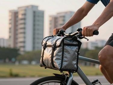 A bicycle rider's hands gripping handlebars with a insulated food bag strapped to the back, residential HDB block visible in soft golden-hour background, shallow depth of field