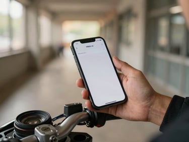 Rider's hand resting on handlebars beside a phone showing a simple order notification, HDB corridor softly blurred behind, warm afternoon window light, shallow depth of field