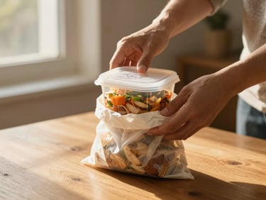Hands placing a sealed container of home-cooked food into a reusable bag on a wooden table, golden afternoon light from a side window, shallow depth of field, warm and domestic