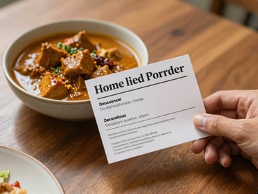 Overhead view of a home dining table, a hand placing an order confirmation card next to a bowl of home-cooked curry, natural afternoon light, shallow focus on the card, warm tones