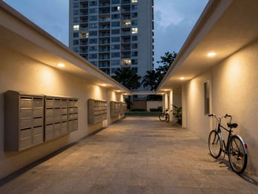 Wide environmental shot of an HDB estate void deck at dusk, familiar letterboxes and corridor lights, a bicycle leaning against a pillar, warm ambient glow, documentary honest framing