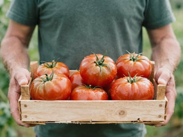 A farmer holding a wooden crate of fresh heirloom tomatoes in soft natural daylight