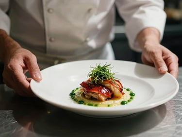 Moody close-up of a chef behind the pass plating a dish, warm low-contrast shadows