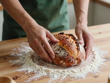 Hands styling a rustic sourdough loaf on a flour-dusted wooden counter, warm side light
