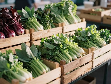 A bustling local farmers market stall with wooden crates of fresh greens, soft morning sun