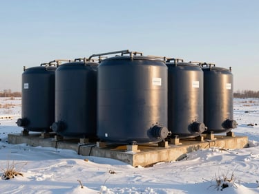 Heavy industrial BESS containers sitting on concrete pads in the snow-covered steppe, crisp sunlight casting sharp shadows, 35mm