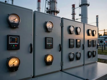 Close-up of advanced control panels inside an energy substation, digital meters glowing with technical readouts, 35mm