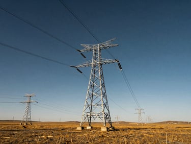 Heroic low-angle shot of high-voltage transmission lines stretching into the horizon across the Mongolian steppe.